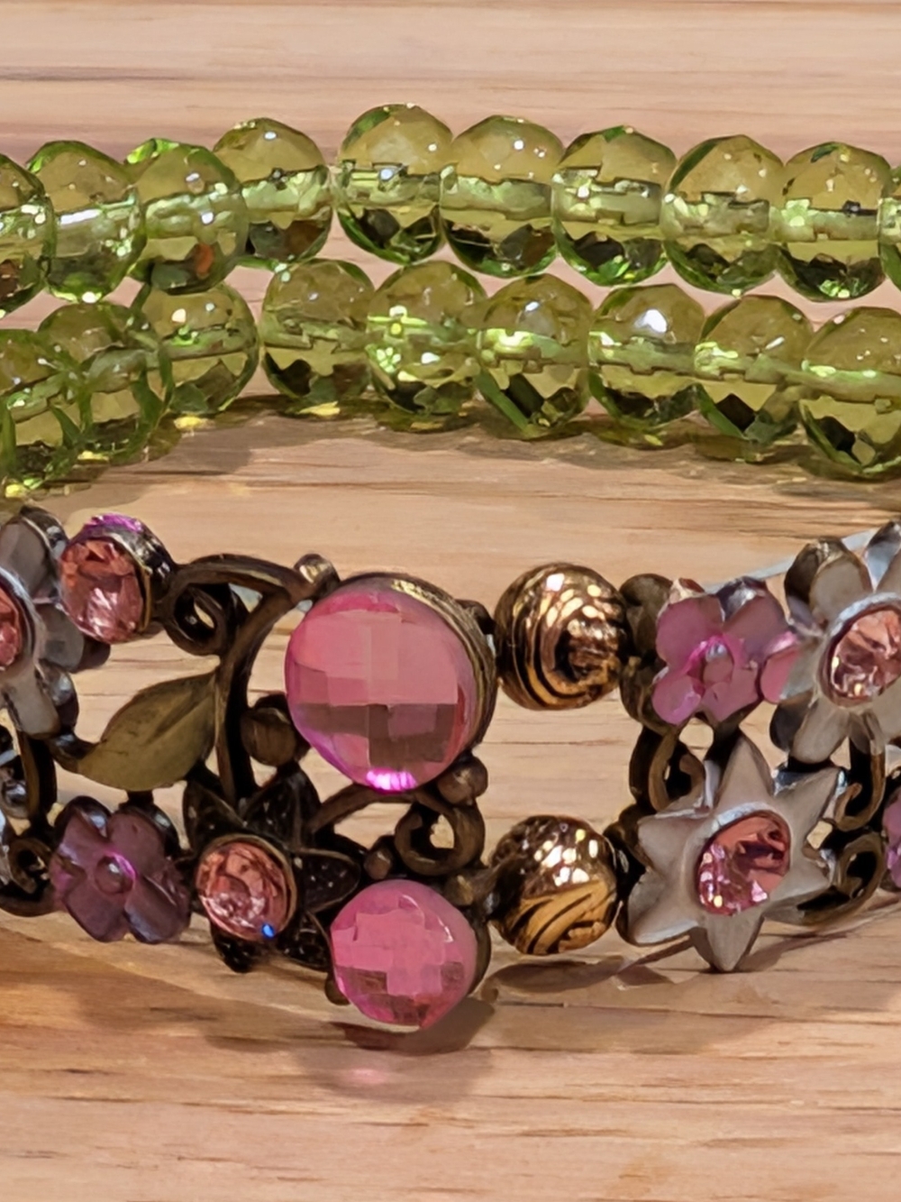 Vintage-Inspired Pink and Green Floral Bracelet
